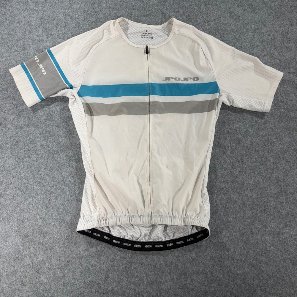 JPOJPO Mens Cycling Jersey Large White Blue Grey Striped Full Zip Short Sleeve